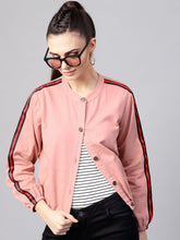 Pink Denim Bomber Sleeve Tape Jacket-Jackets-SASSAFRAS