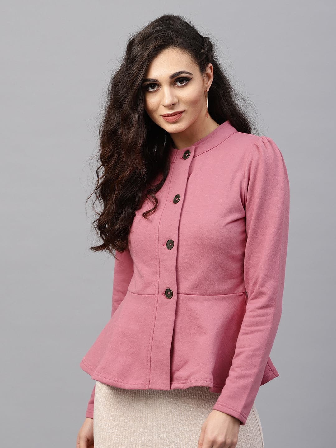 Pink Fleece Peplum Jacket-Jackets-SASSAFRAS
