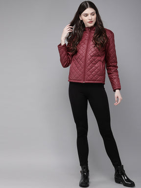 Burgundy Quilted Hooded Puffer Jacket