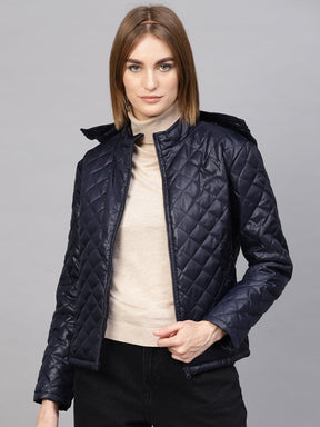 Navy Quilted Hooded Puffer Jacket-Jackets-SASSAFRAS