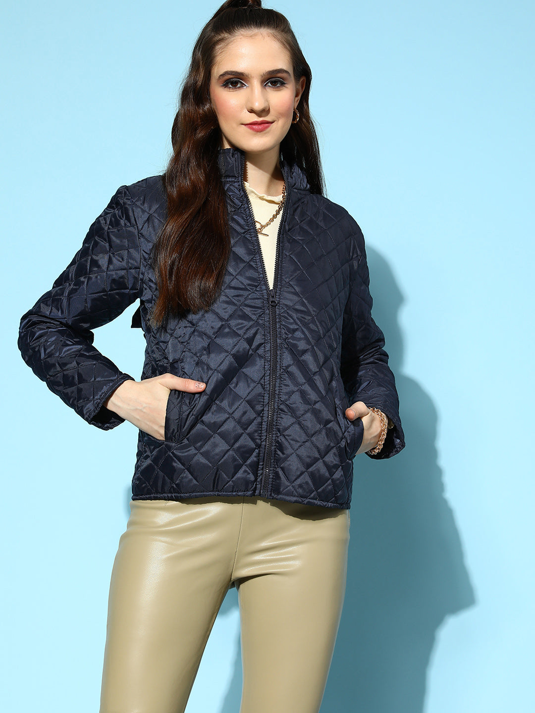 Navy Quilted Hooded Puffer Jacket-SASSAFRAS