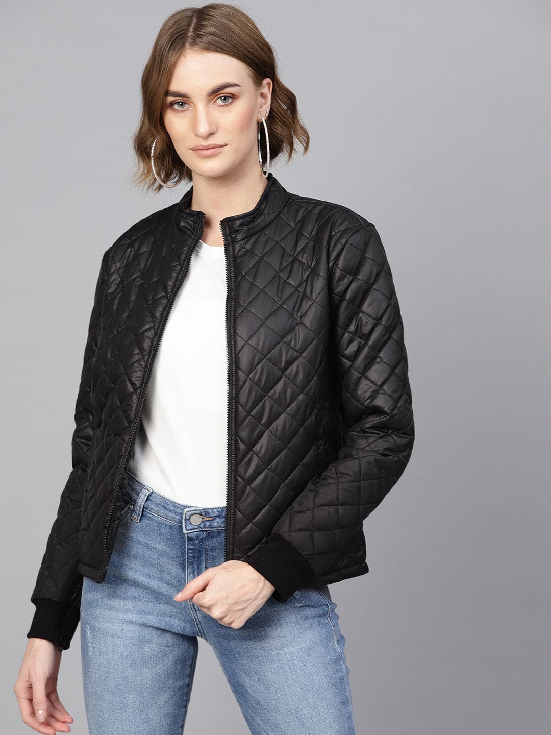 Black Quilted Jacket With Zip On Sleeves-Jackets-SASSAFRAS