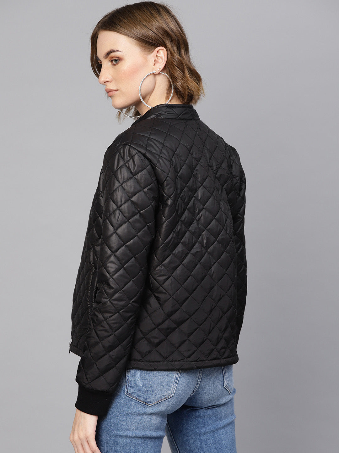 Black Quilted Jacket With Zip On Sleeves