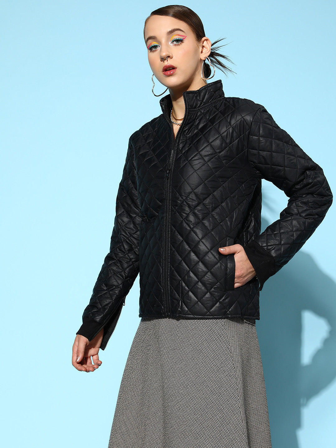 Black Quilted Jacket With Zip On Sleeves-SASSAFRAS