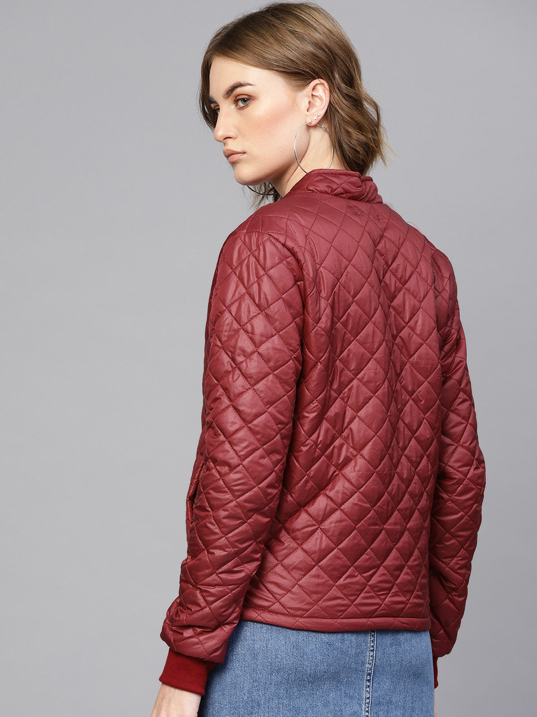 Burgundy Quilted Jacket With Zip On Sleeves