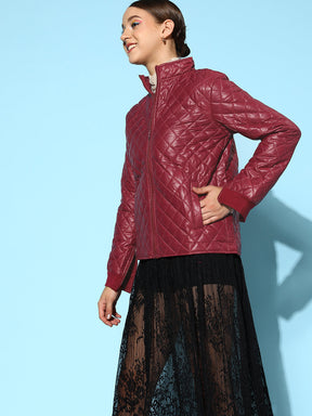 Burgundy Quilted Jacket With Zip On Sleeves-SASSAFRAS