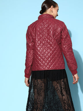 Burgundy Quilted Jacket With Zip On Sleeves-SASSAFRAS