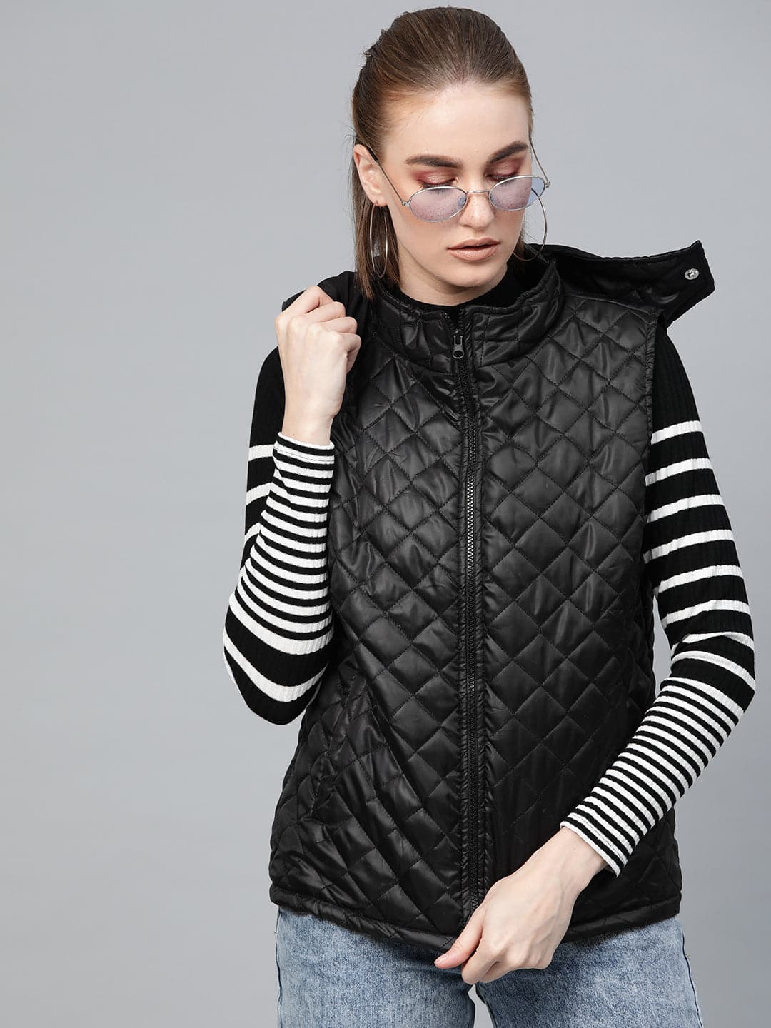 Black Quilted Sleeveless Hood Jacket-Jackets-SASSAFRAS