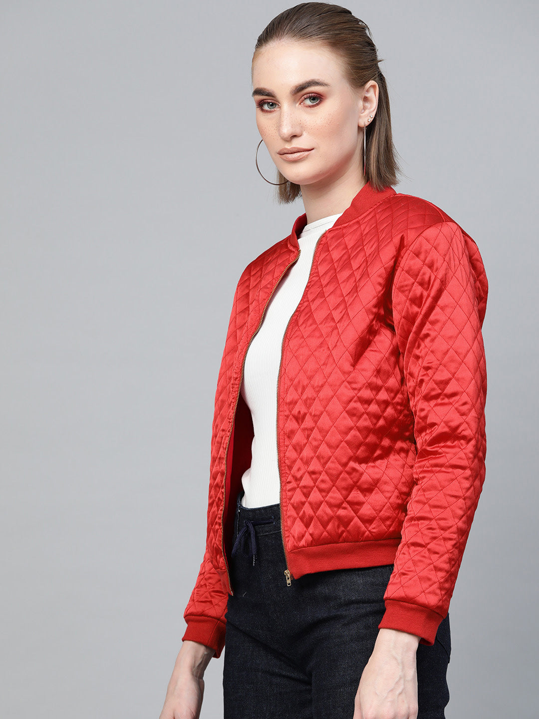 Red Quilting Bomber Jacket