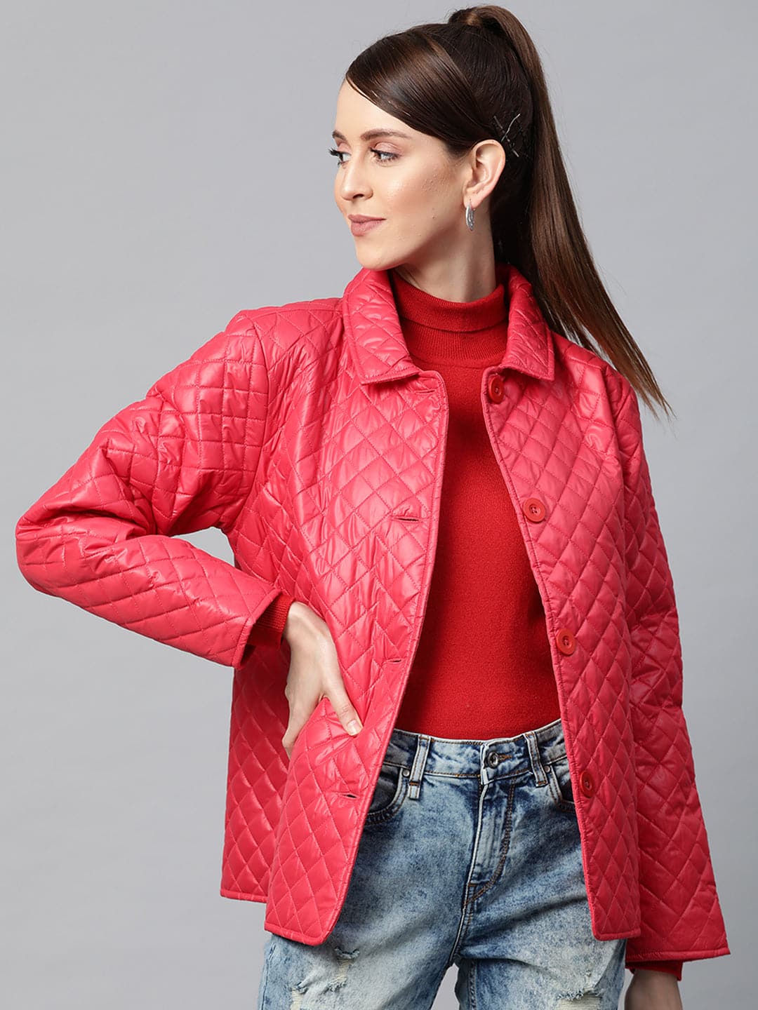 Red Collared Quilted Puffer Jacket-Jackets-SASSAFRAS
