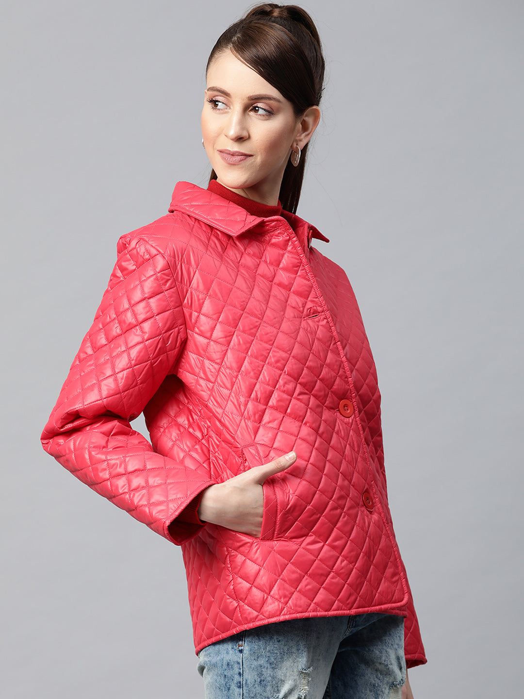 Red Collared Quilted Puffer Jacket
