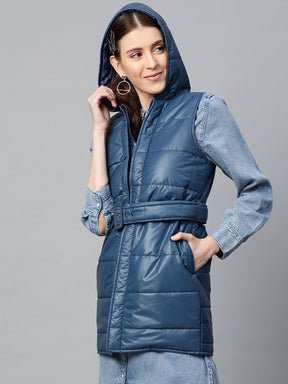 Teal Belted Longline Hooded Quilted Jacket