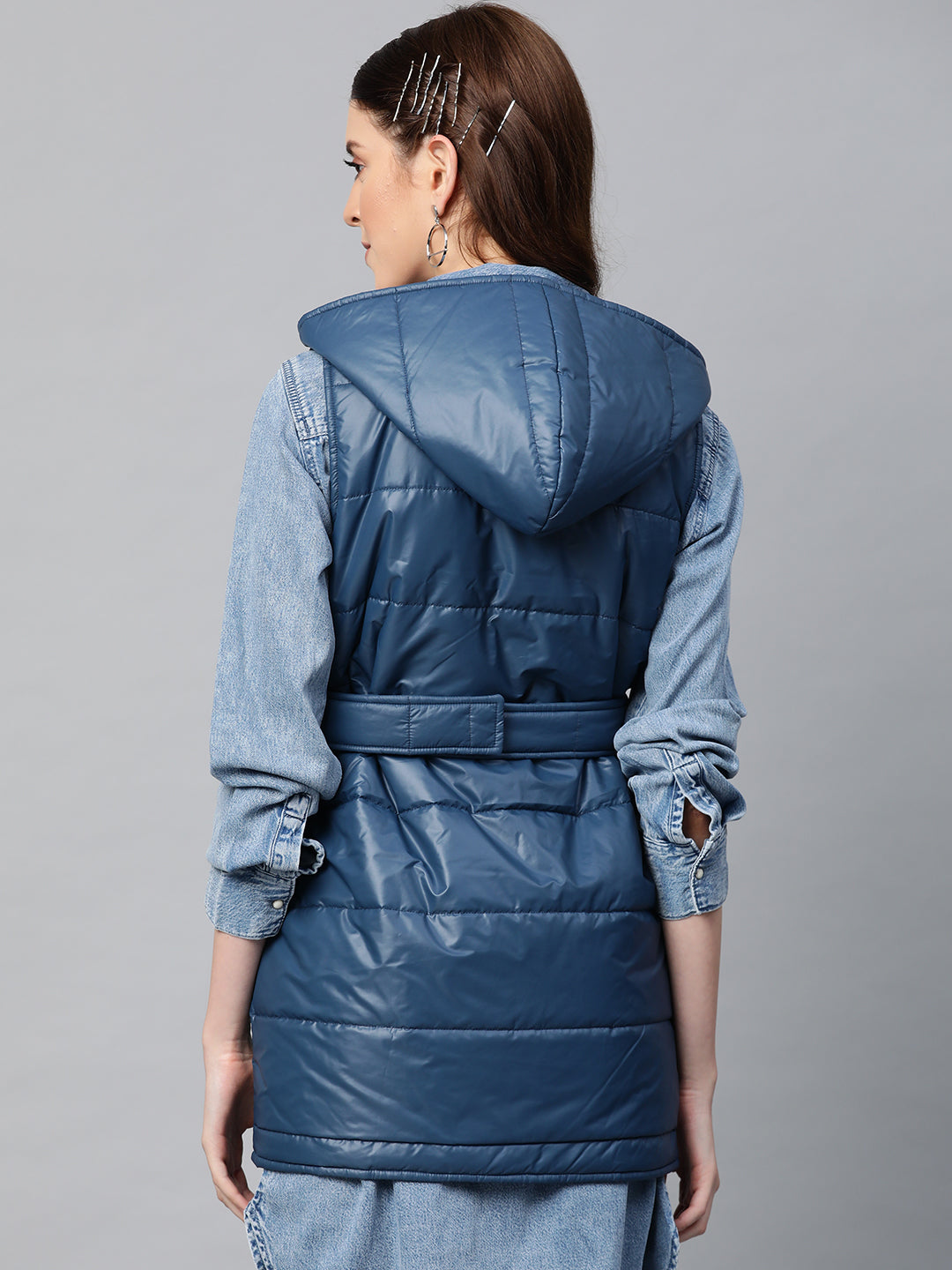 Teal Belted Longline Hooded Quilted Jacket