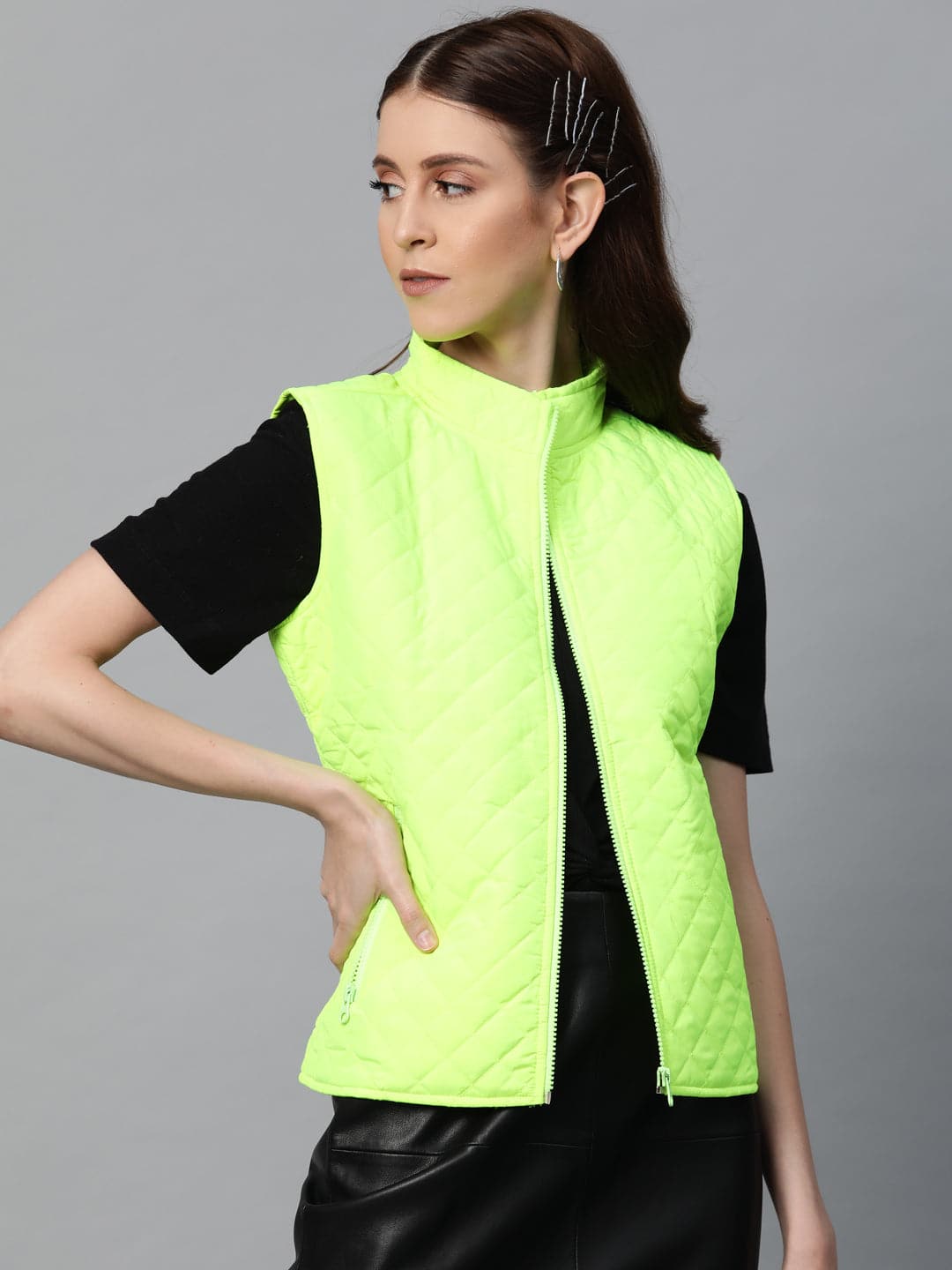 Neon Green Sleeveless Quilted Puffer Jacket-Jackets-SASSAFRAS