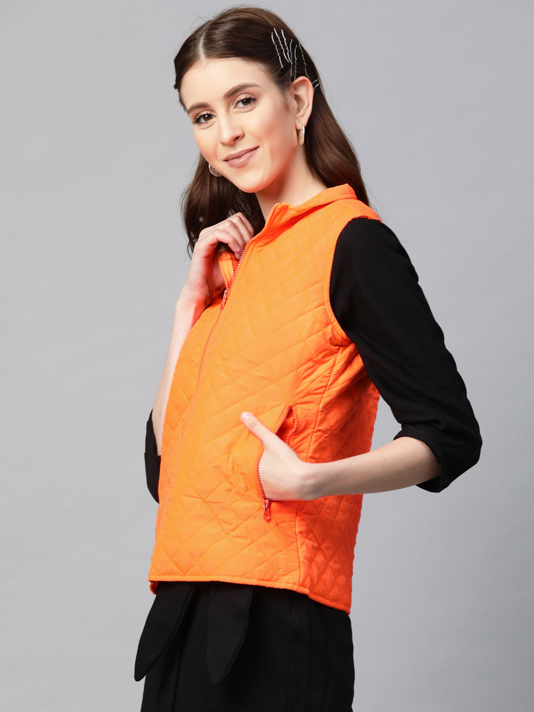 Neon Orange Sleeveless Quilted Puffer Jacket