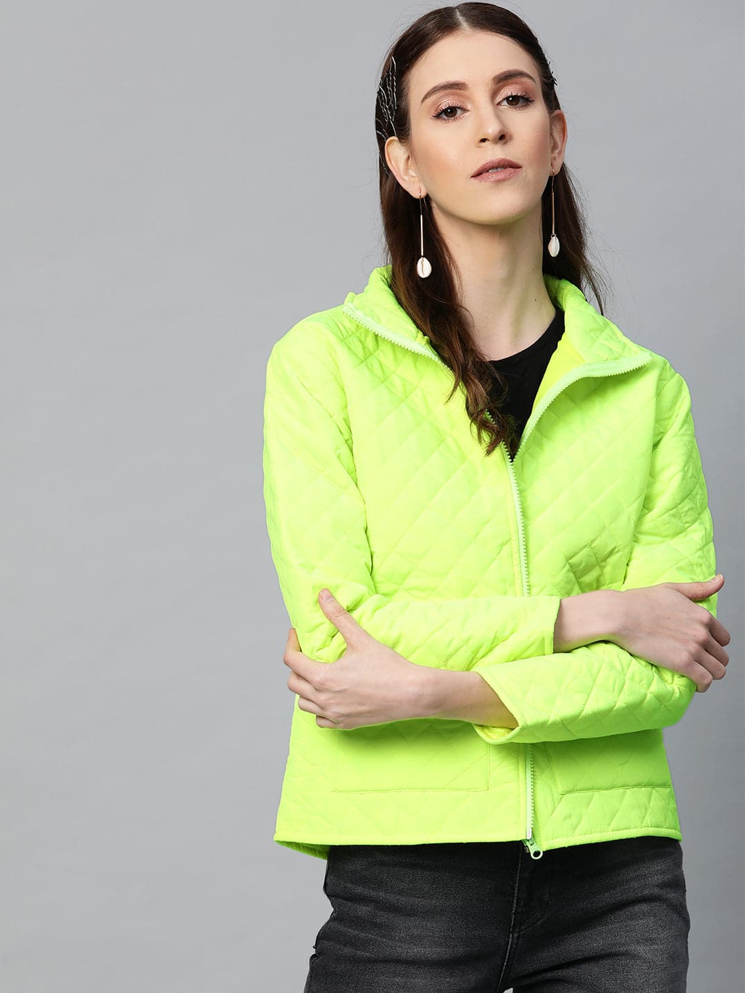 Neon Green Flap Pockets Quilted Puffer Jacket-Jackets-SASSAFRAS