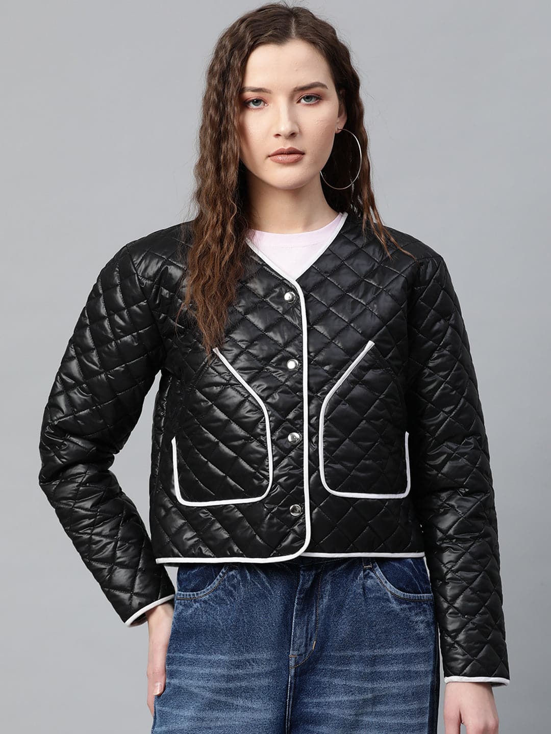 Black Piping Detail Quilted Jacket-Jackets-SASSAFRAS