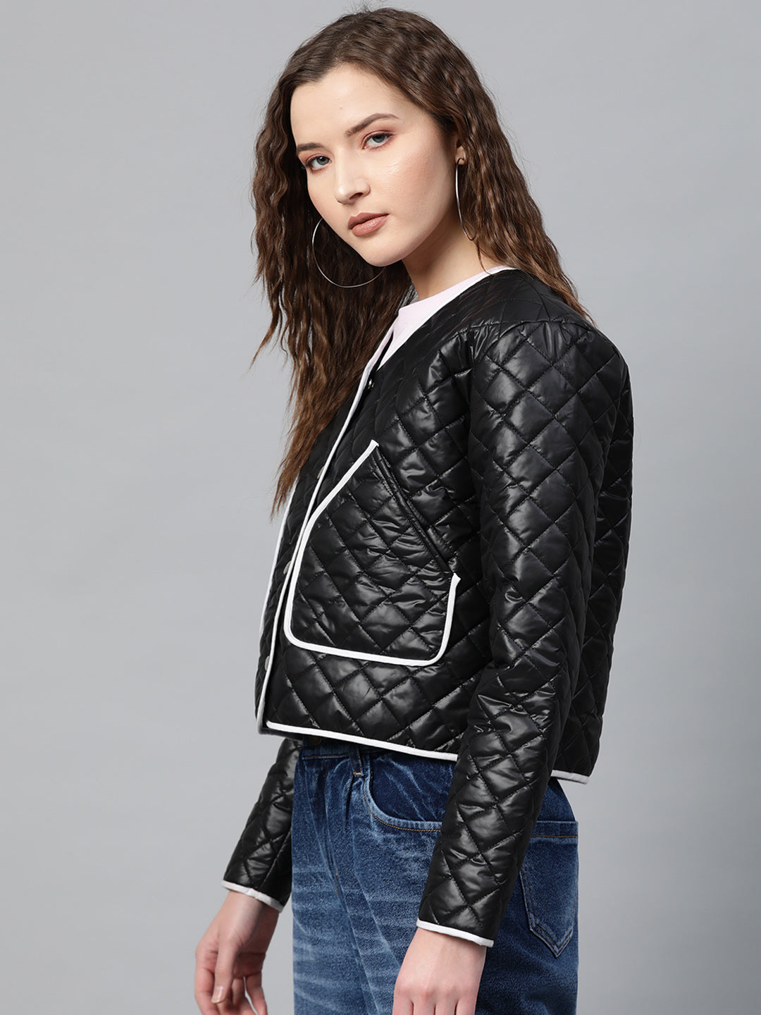 Black Piping Detail Quilted Jacket