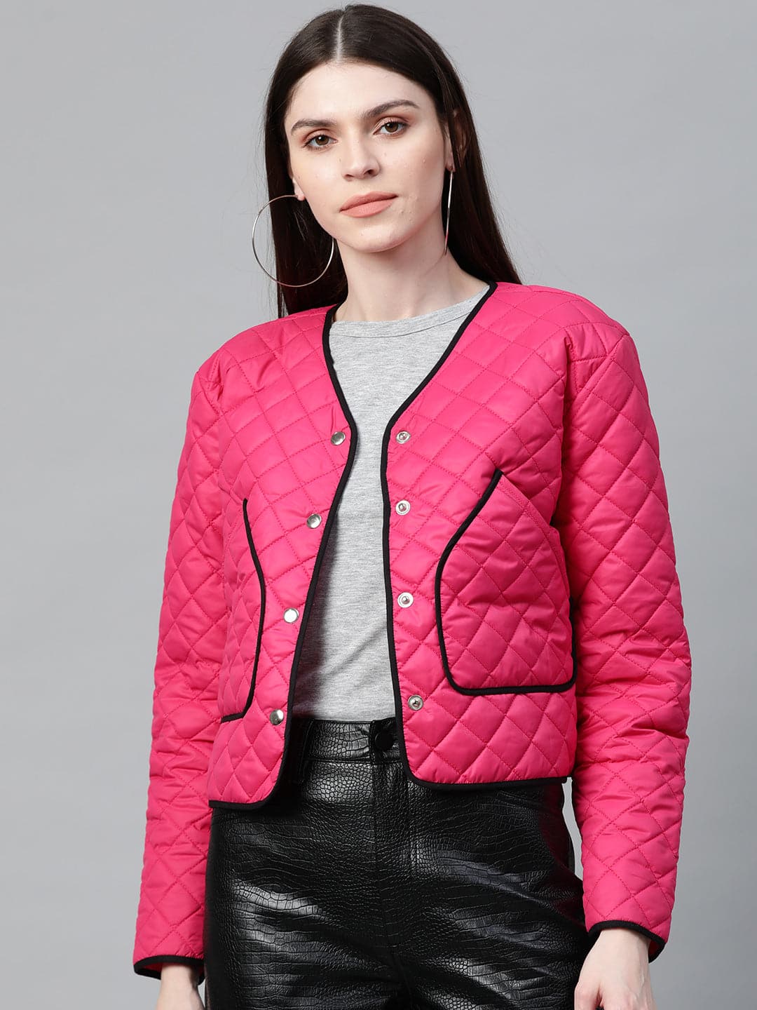 Fuchsia Piping Detail Quilted Jacket-Jackets-SASSAFRAS
