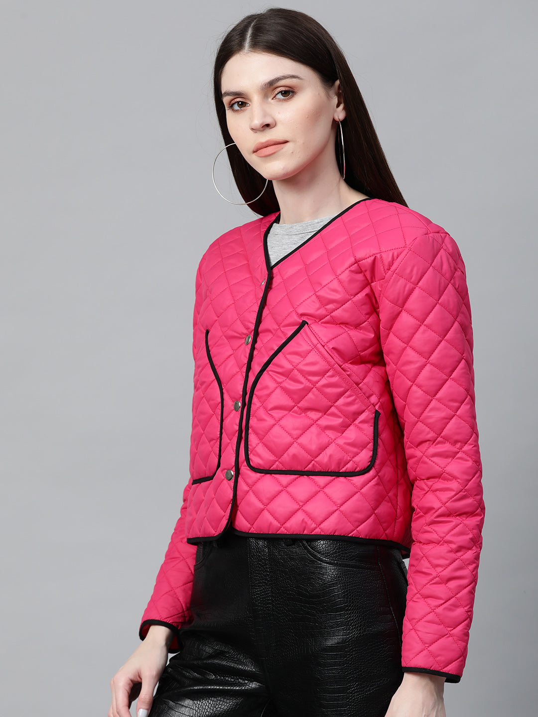 Fuchsia Piping Detail Quilted Jacket