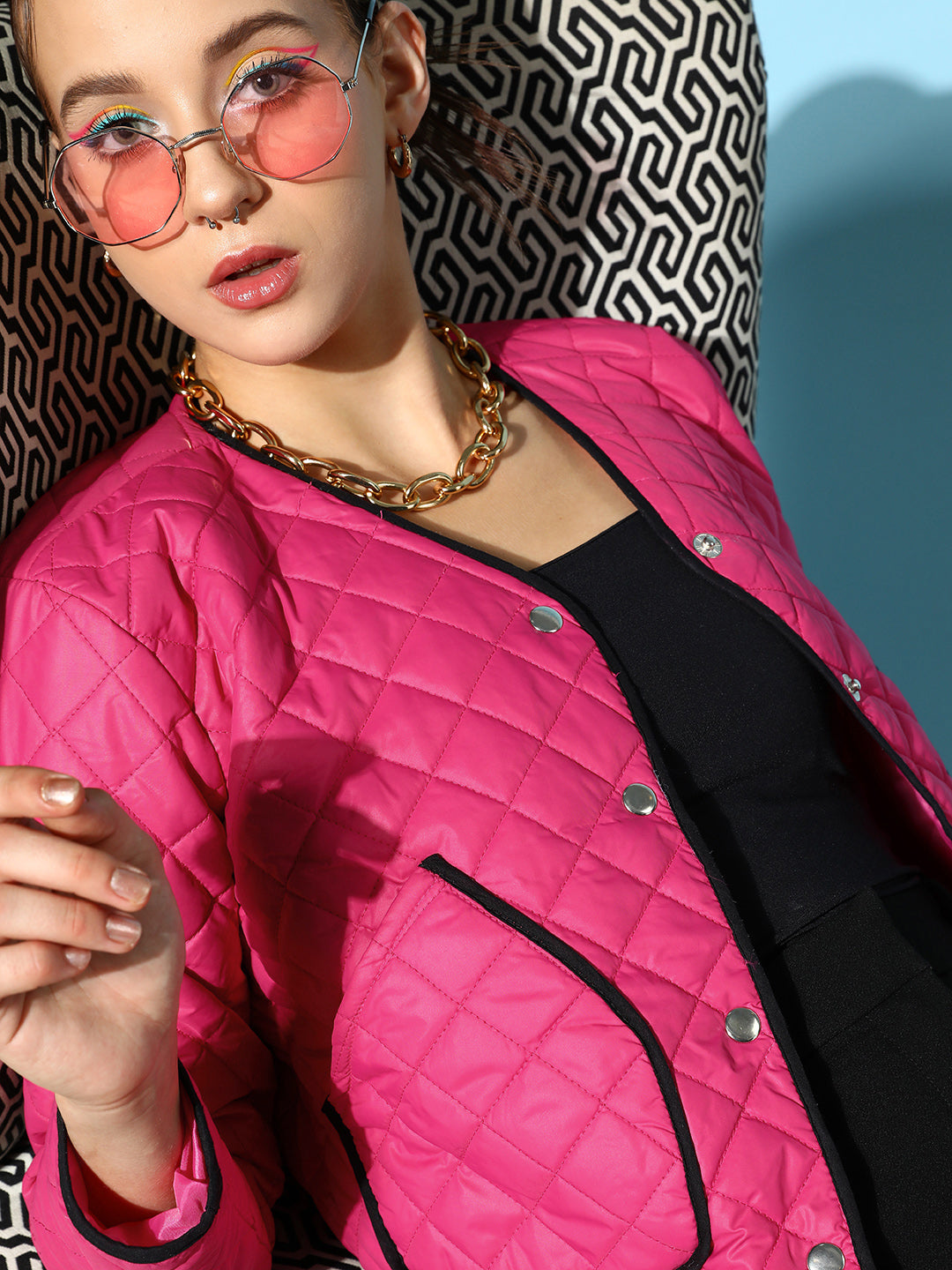 Fuchsia Piping Detail Quilted Jacket-SASSAFRAS