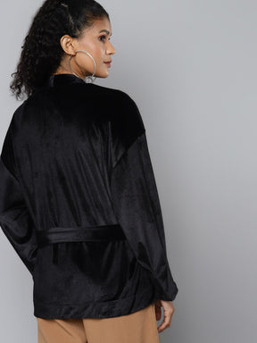 Black Velvet Open Belted Kimono Jacket