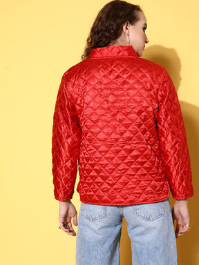 Red Satin Front Pockets Puffer Jacket-SASSAFRAS