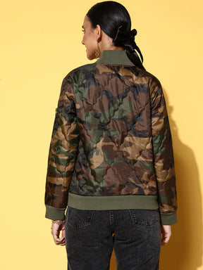 Olive Camouflage Print Front Zipper Quilted Puffer Jacket-SASSAFRAS