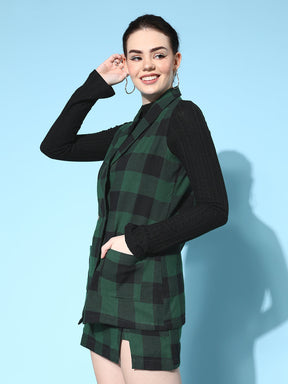 Green Flannel Check Sleeveless Blazer-SASSAFRAS