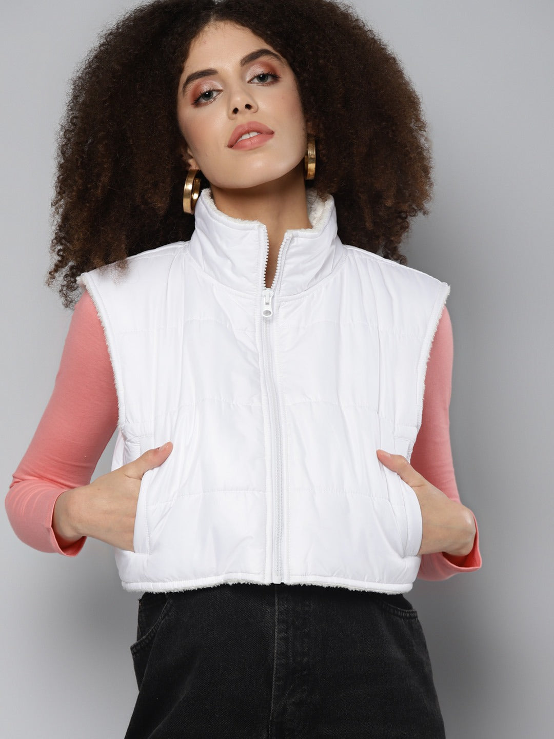 White Fur Lined Sleeveless Crop jacket