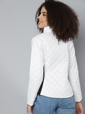 White With Black Contrast Rib Puffer Jacket