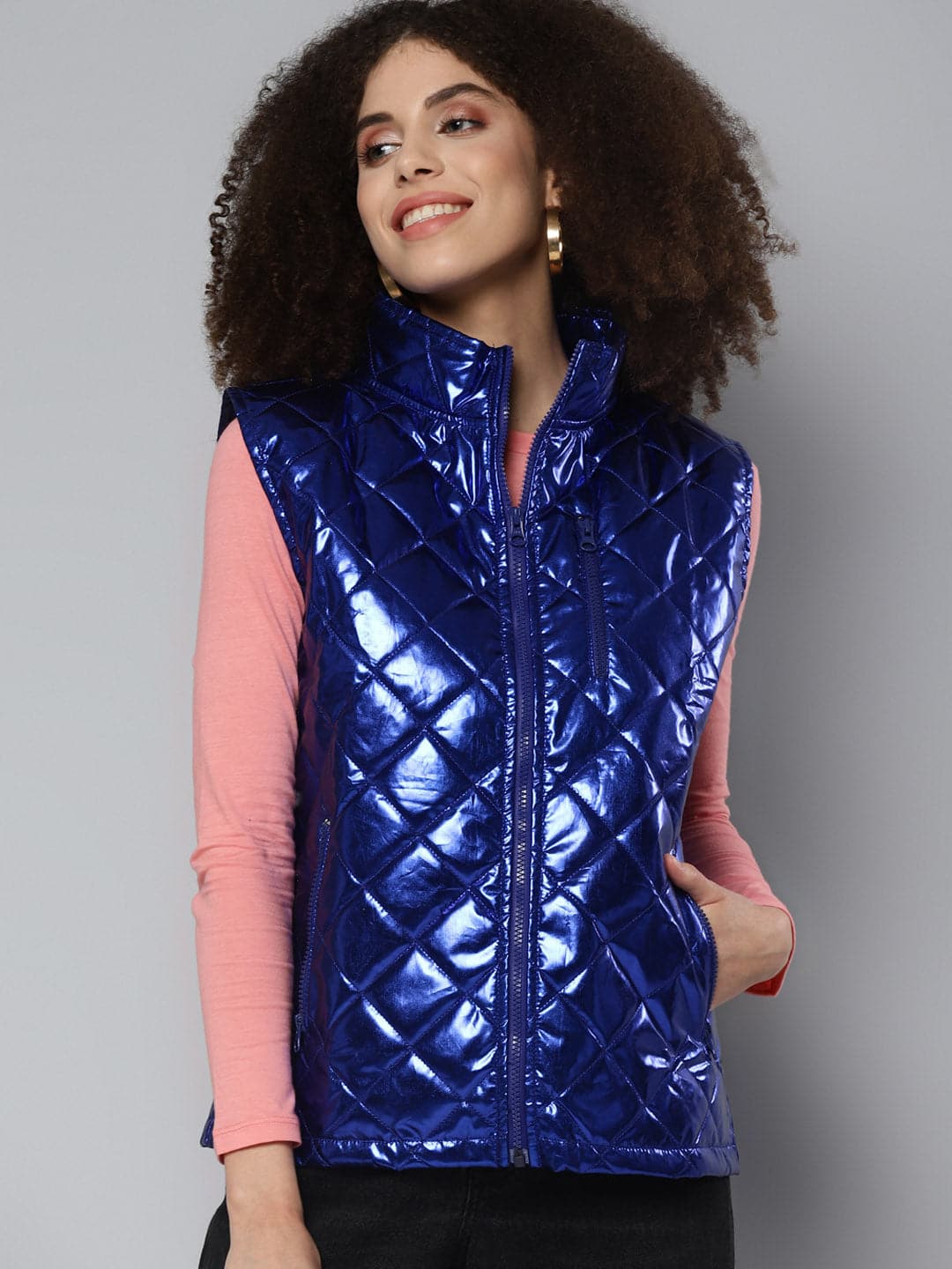Royal Blue Metallic Sleeveless Puffer Jacket-Jackets-SASSAFRAS