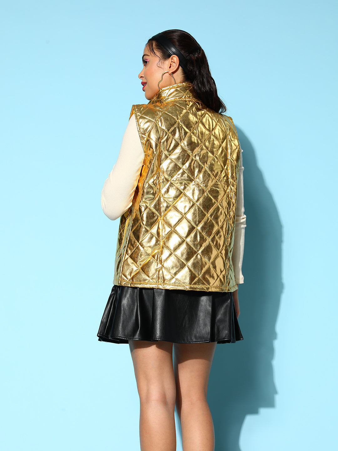 Gold Metallic Sleeveless Puffer Jacket-SASSAFRAS