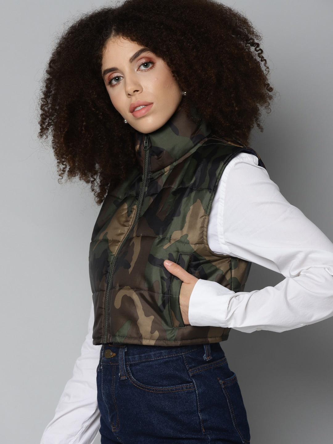 Camouflage Sleeveless Puffer Crop Jacket