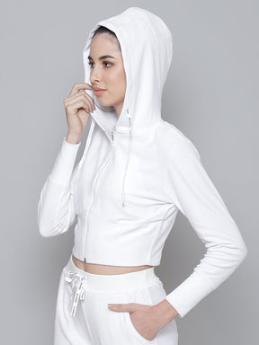 White Velour Studded THINK Hoodie Crop Jacket