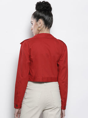 Women Red Twill Crop Jacket