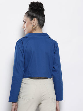 Women Blue Twill Crop Blazer