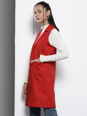 Women Red Twill Longline Sleeveless Jacket