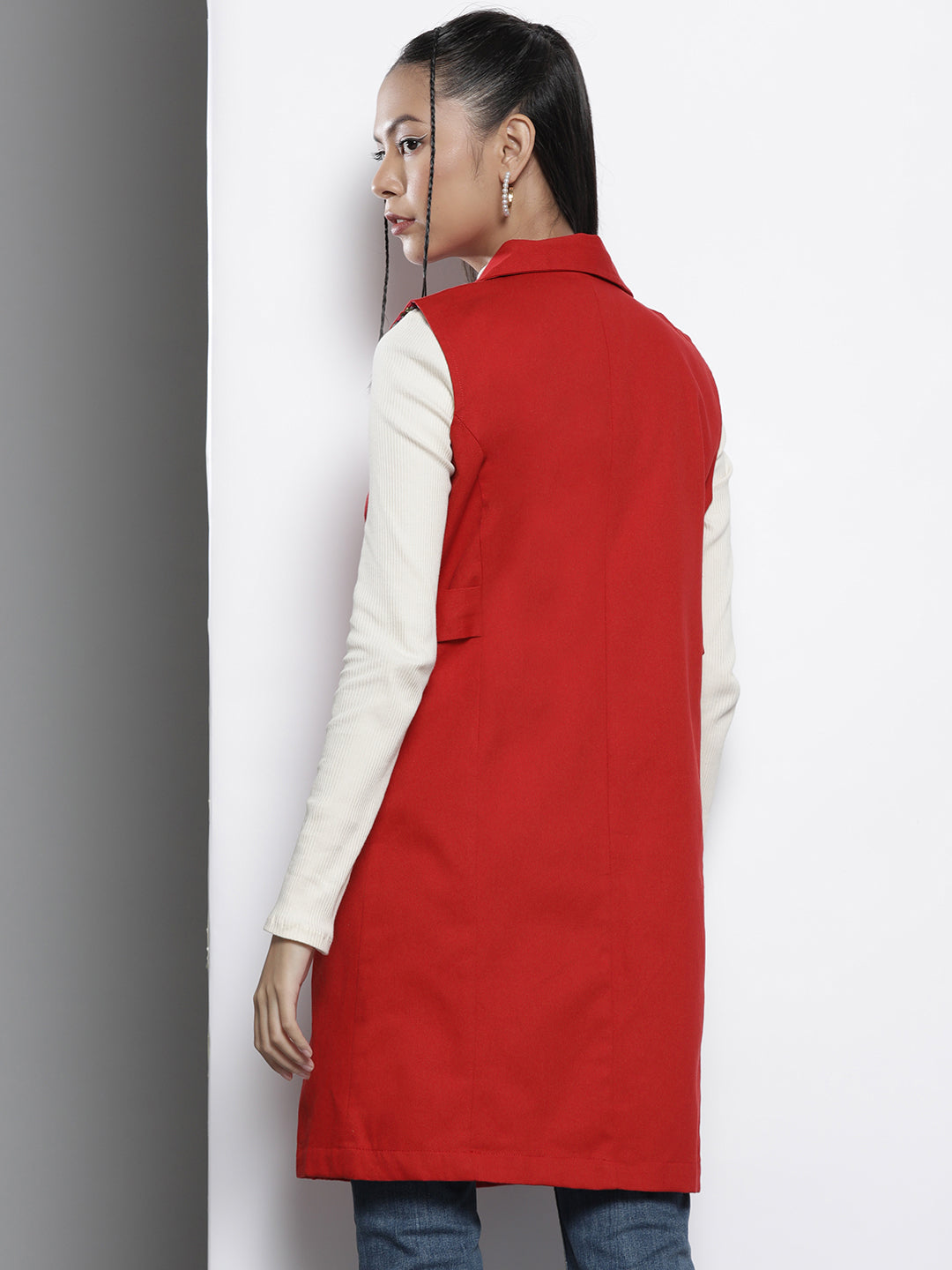 Women Red Twill Longline Sleeveless Jacket