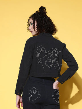 Women Black Embroidered Back Denim Jacket
