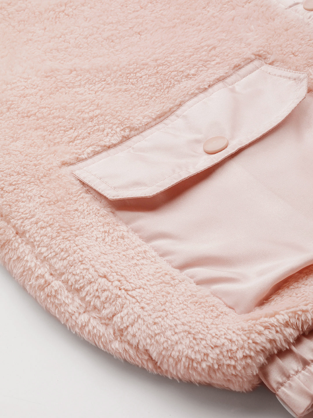 Women Pink Front Pocket Faux Fur Jacket