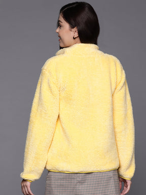 Women Yellow Faux Fur Front Zipper Jacket