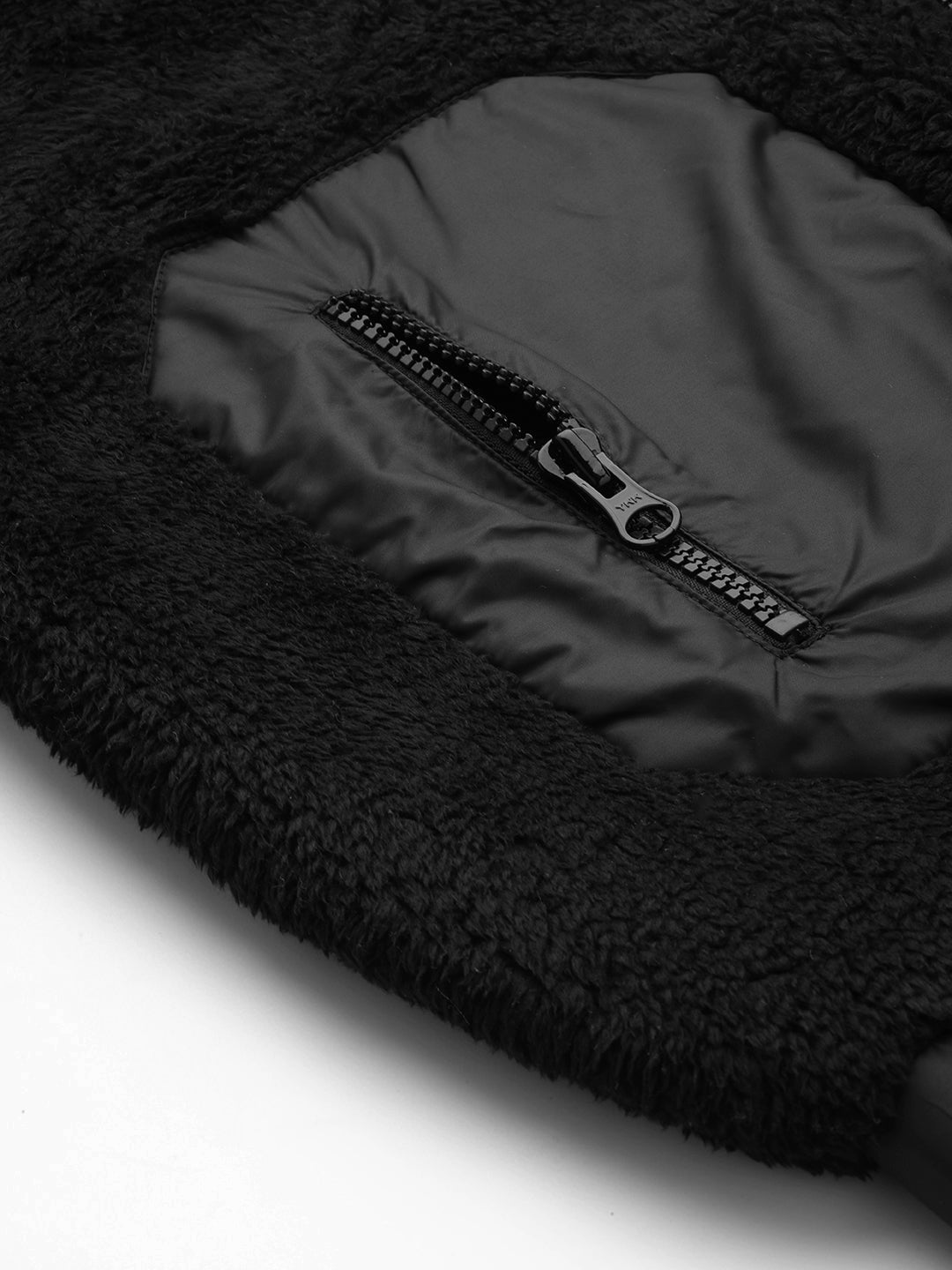 Women Black PU Patch Pocket Faux Fur Zipper Jacket