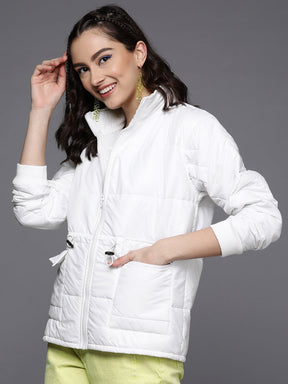 Women White Front Flap Pocket Quilted Puffer Jacket