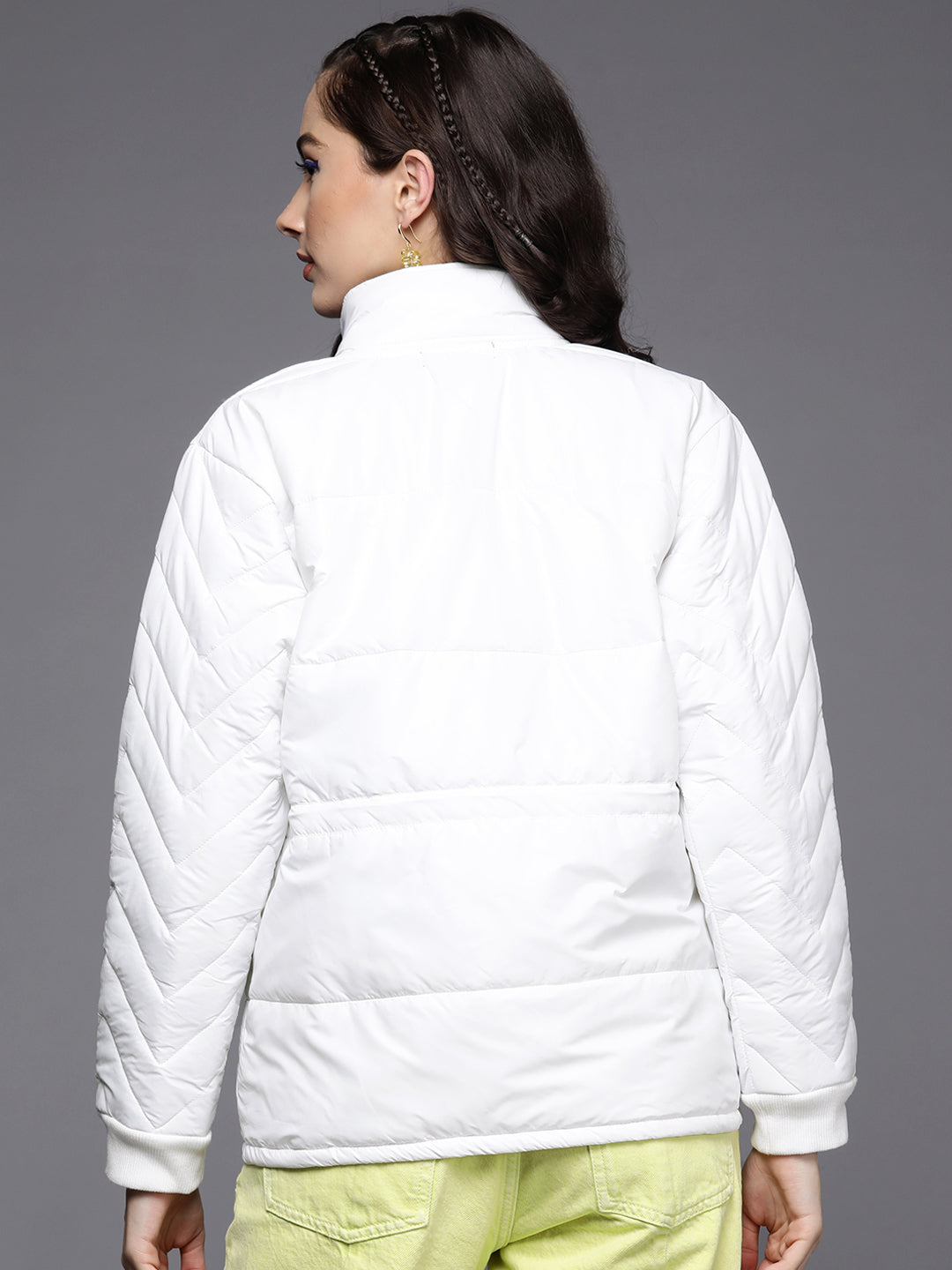 Women White Front Flap Pocket Quilted Puffer Jacket