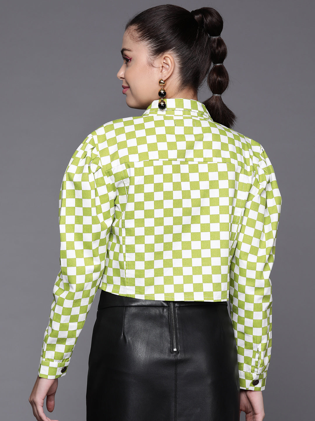 Women Green Chequerboard Twill Crop Jacket