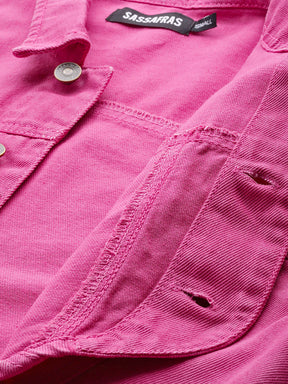 Women Pink Washed Denim Curved Hem Crop Jacket