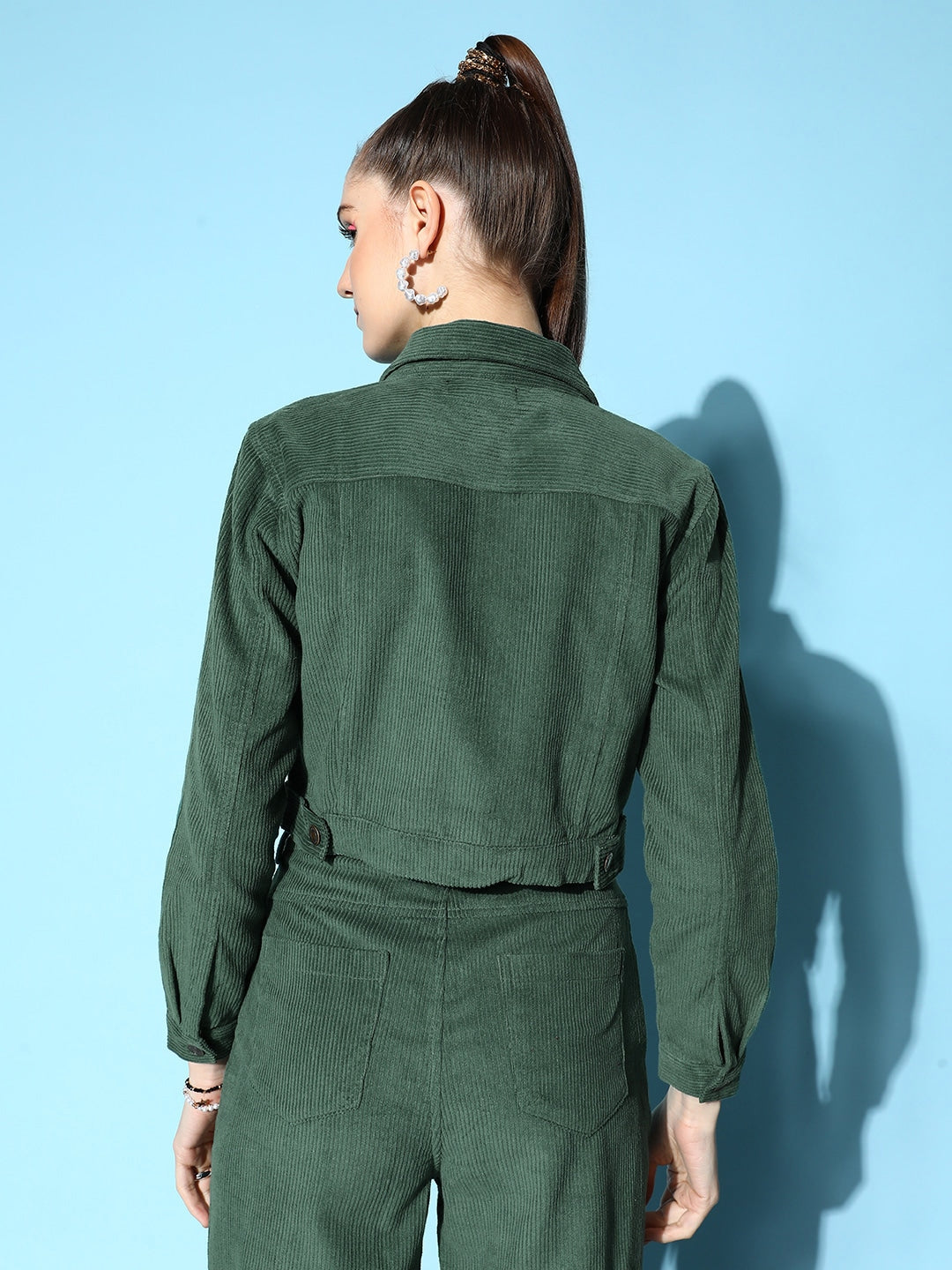 Women Green Corduroy Boxy Jacket