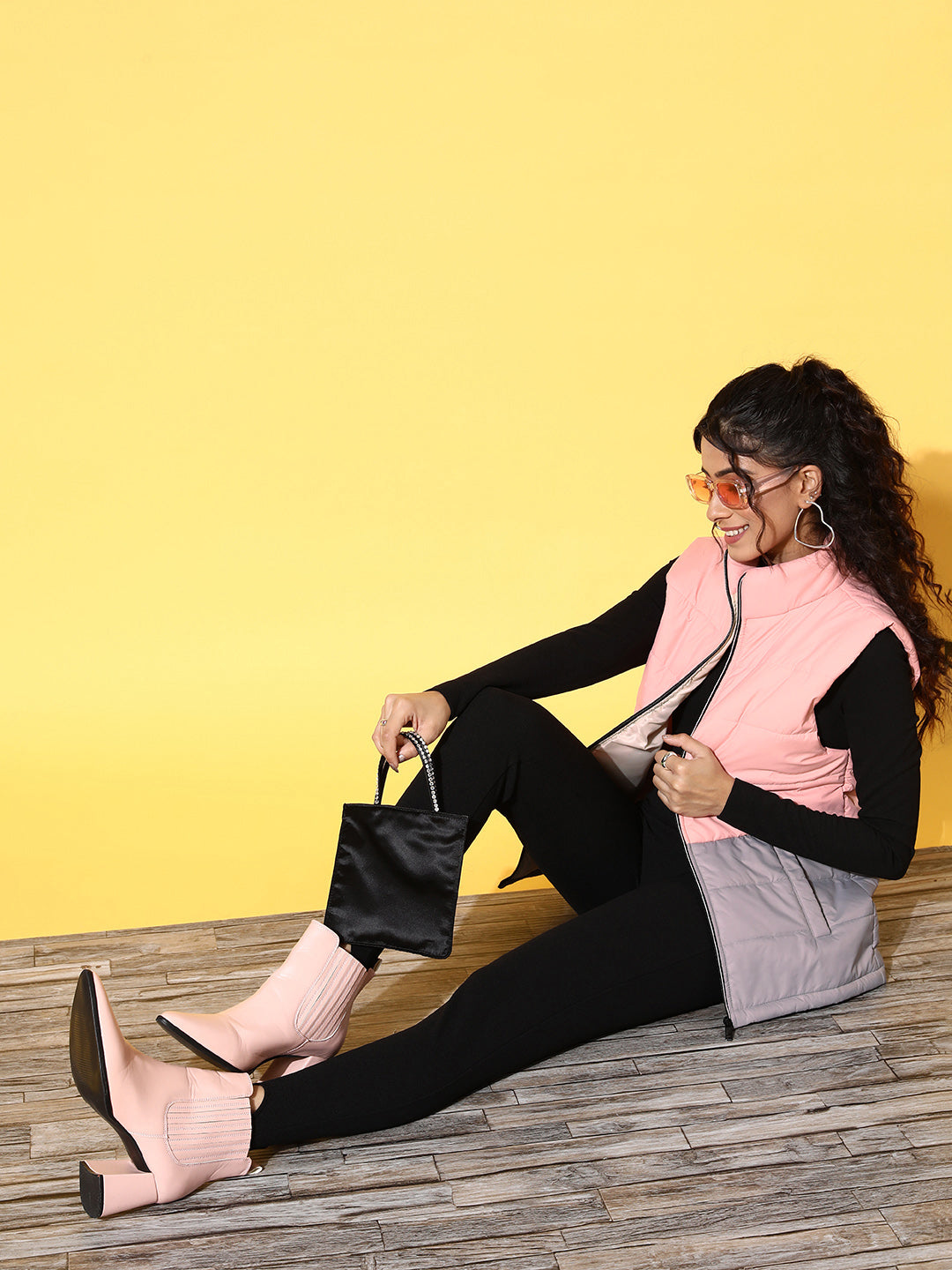 Light Pink & Grey ColorBlock Quilted Sleeveless Jacket-SASSAFRAS