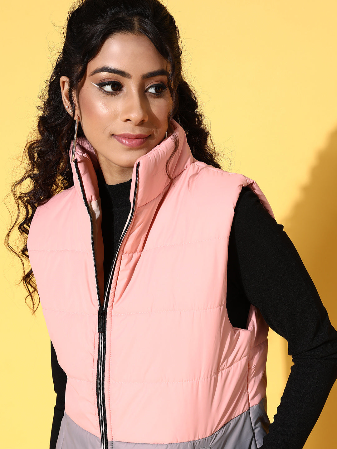 Light Pink & Grey ColorBlock Quilted Sleeveless Jacket-SASSAFRAS